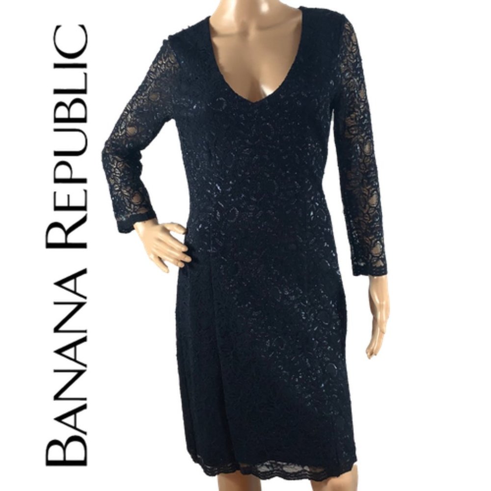 LIKE NEW BANANA REPUBLIC Navy Blue Dress w/Metallic Lace